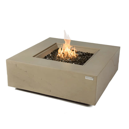 Beige square elementi plus uluru fire table with central flame and dark glass beads 16 kw ofg411sy
