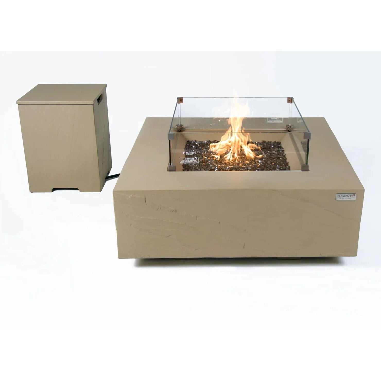 Beige square elementi plus uluru fire table with glass enclosure burning flame and matching beige utility box