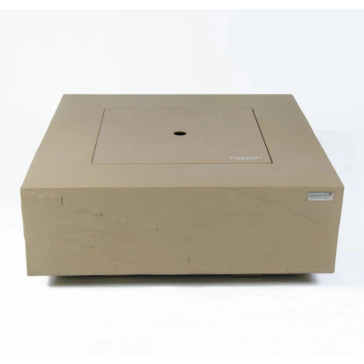 Beige rectangular element brand fire pit with recessed lid and central circular opening elementi plus uluru fire table