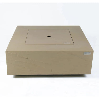 Beige rectangular element brand fire pit with recessed lid and central circular opening elementi plus uluru fire table