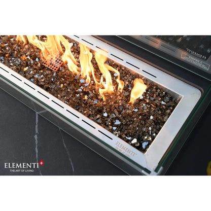 Elementi Plus Valencia fire table outdoor gas fireplace with silver frame black glass mosaic fireglass and orange flames