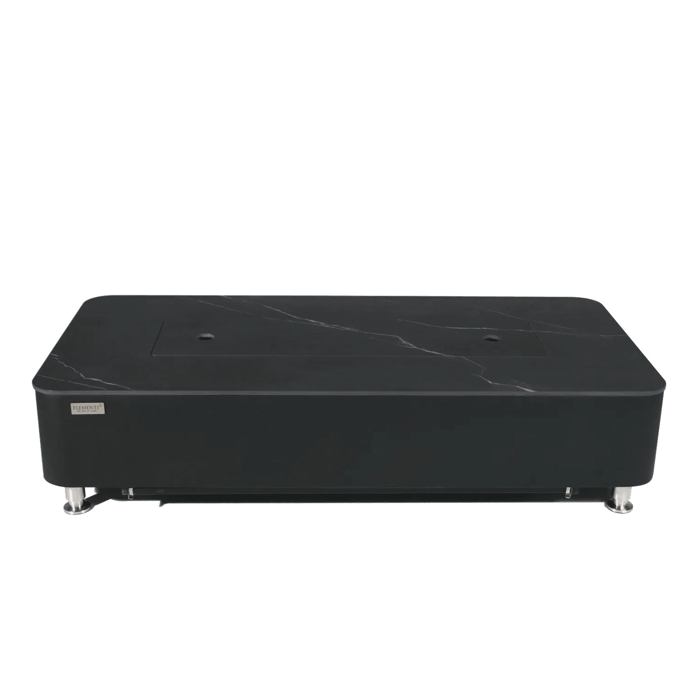 Elementi Plus Valencia fire table with black marble-effect top and silver metal legs for modern outdoor heating
