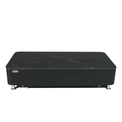 Elementi Plus Valencia fire table with black marble-effect top and silver metal legs for modern outdoor heating