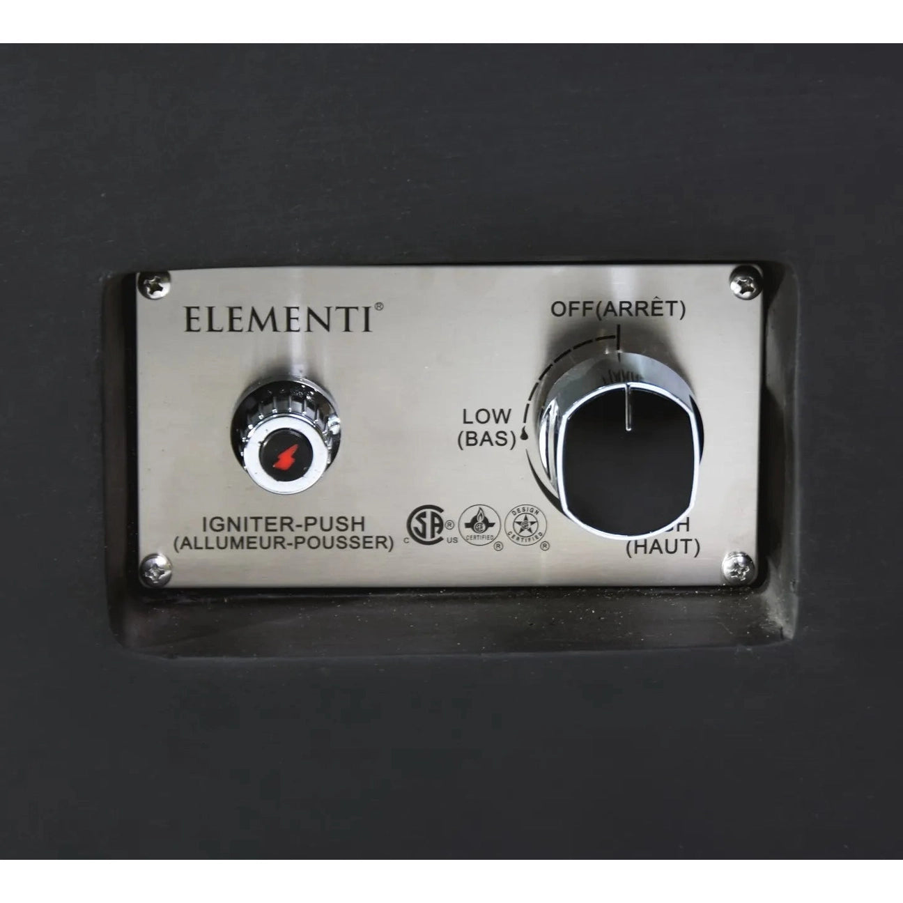 Silver stainless steel control panel for elementi plus valencia fire table outdoor grill with push-button igniter and rotary knob