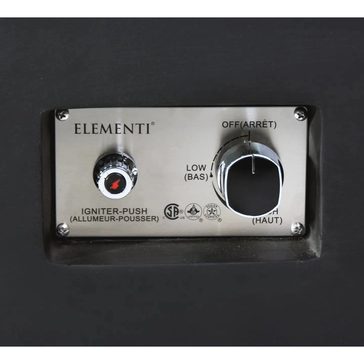 Silver stainless steel control panel for elementi plus valencia fire table outdoor grill with push-button igniter and rotary knob