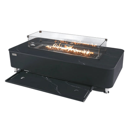 Black marble-effect elementi plus valencia fire table with glass-enclosed flame and matching storage drawer