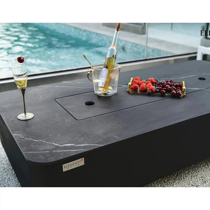 Elementi Plus Valencia fire table with 16 kW integrated burner black marble-textured outdoor fire pit table