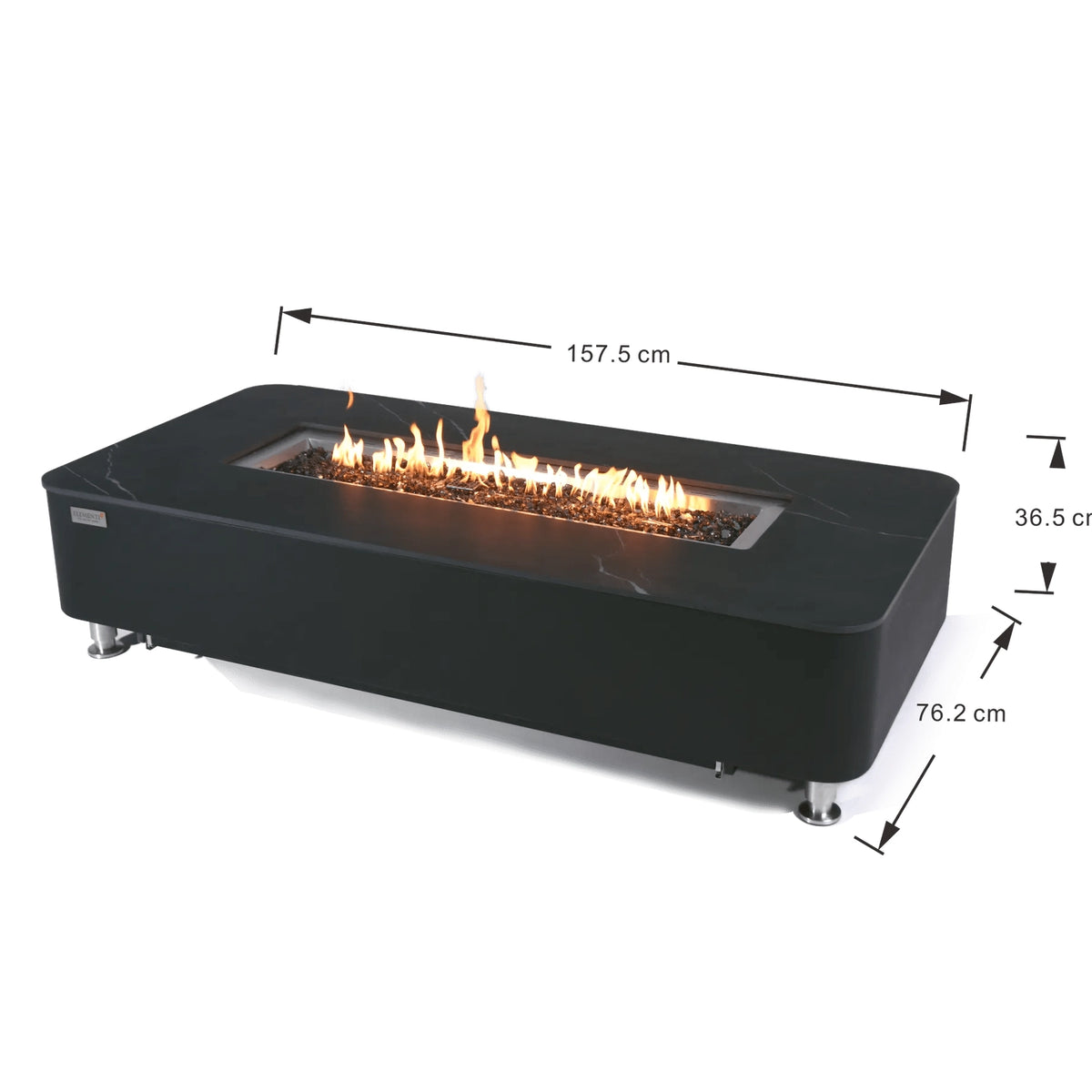 Elementi plus valencia fire table black rectangular design with 16 kW glass enclosed fire pit and glowing flames