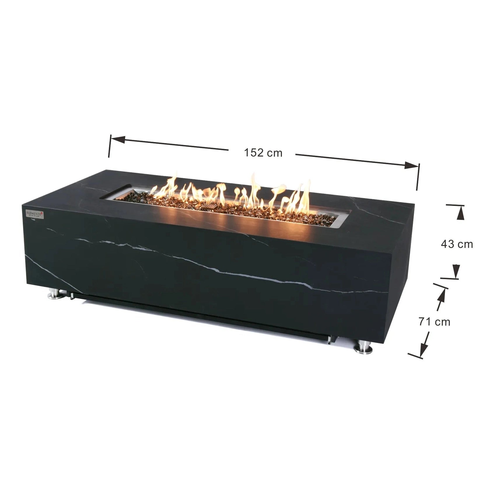 Elementi Plus Varna fire table black marble effect rectangular outdoor fire pit with glowing flames and dark glass beads