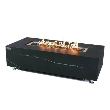 Elementi plus varna fire table 16 kw with black marble top rectangular flame recess and silver metal legs