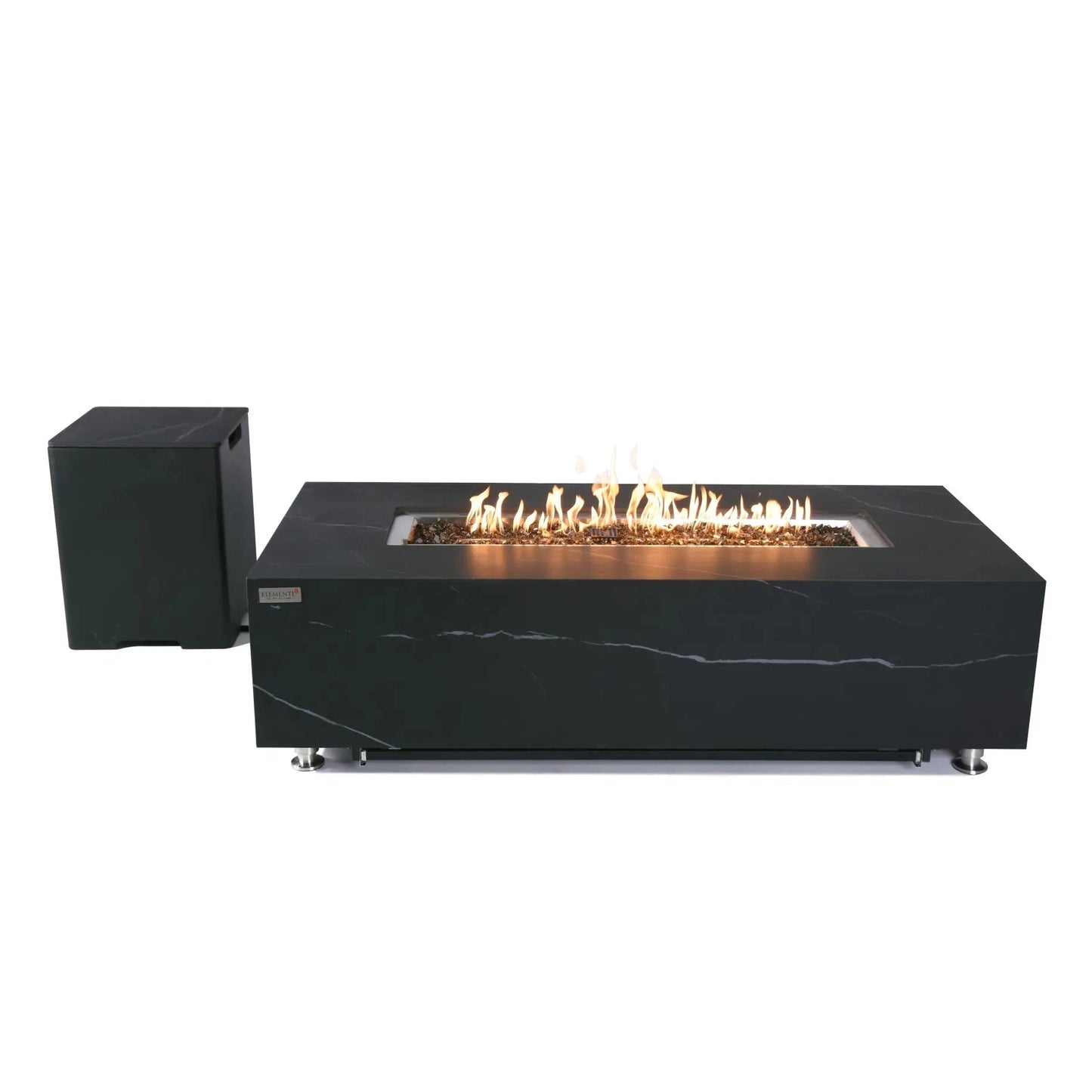 Elementi plus varna fire table with black marble rectangular flame-filled recess and matching side cabinet in 16 kW