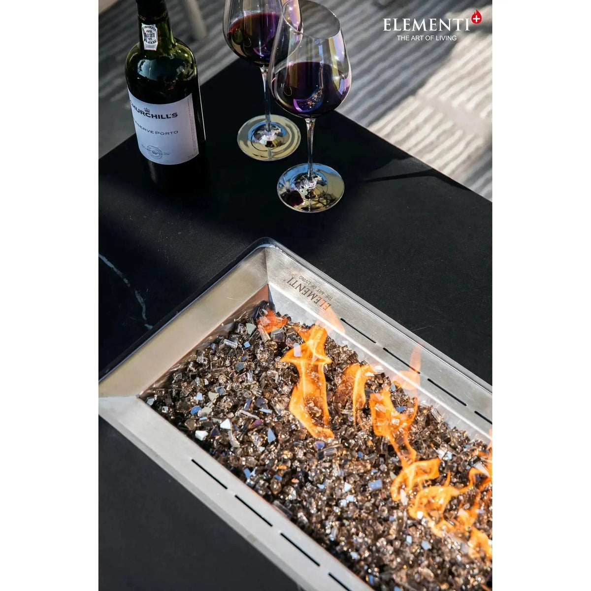 Elementi Plus Varna fire table rectangular stainless steel fire pit with mirrored glass beads and orange flames