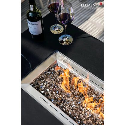 Elementi Plus Varna fire table rectangular stainless steel fire pit with mirrored glass beads and orange flames