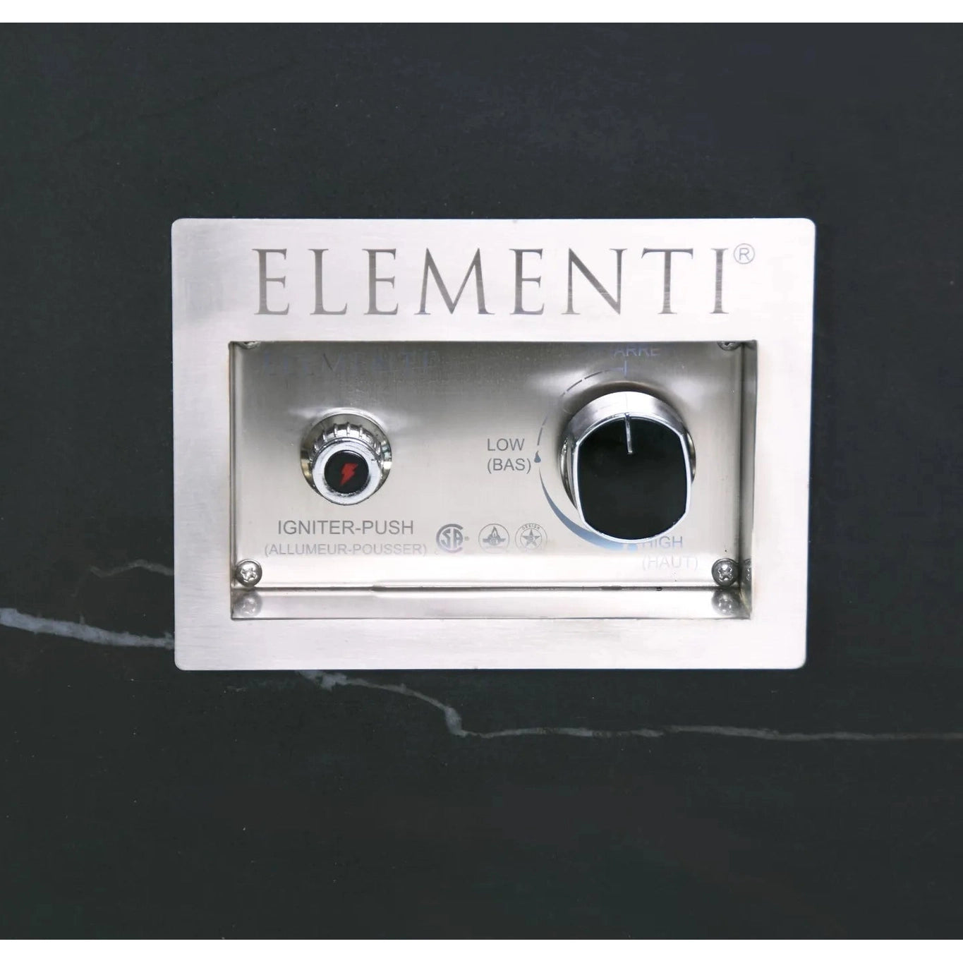 Silver metallic elementi brand gas burner control panel with circular flame adjustment knob and igniter button for Varna fire table