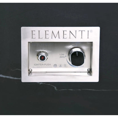 Silver metallic elementi brand gas burner control panel with circular flame adjustment knob and igniter button for Varna fire table