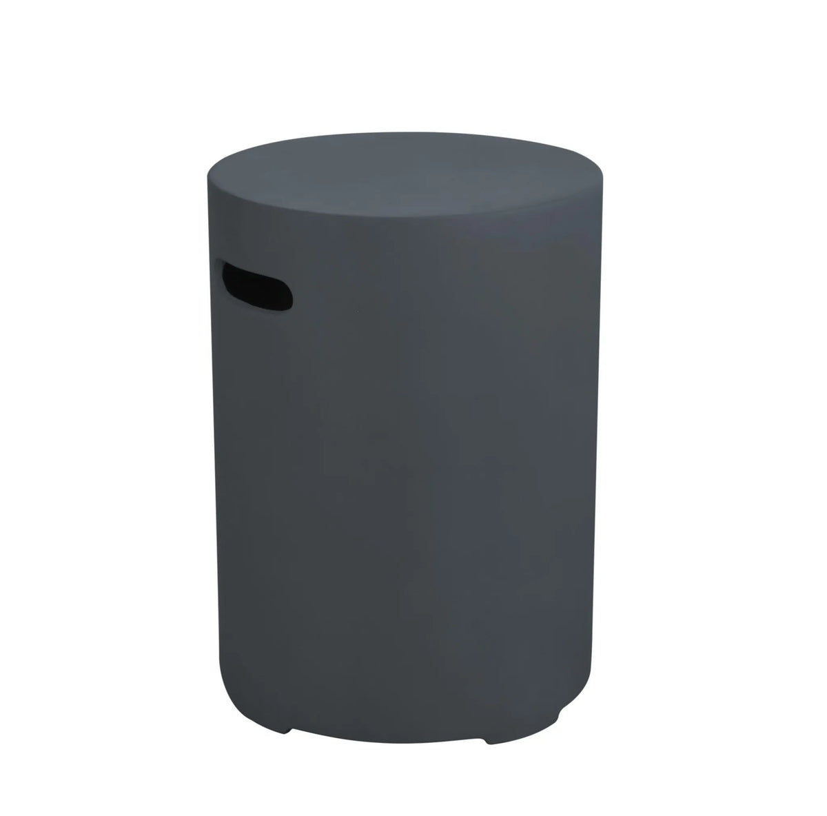 Dark gray Elementi round tank cover large side table with sleek minimalist design and black handle on the side