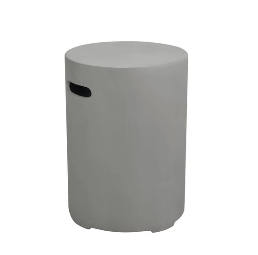 Gray cylindrical outdoor stool with black handle featured as Elementi round tank cover large in light grey