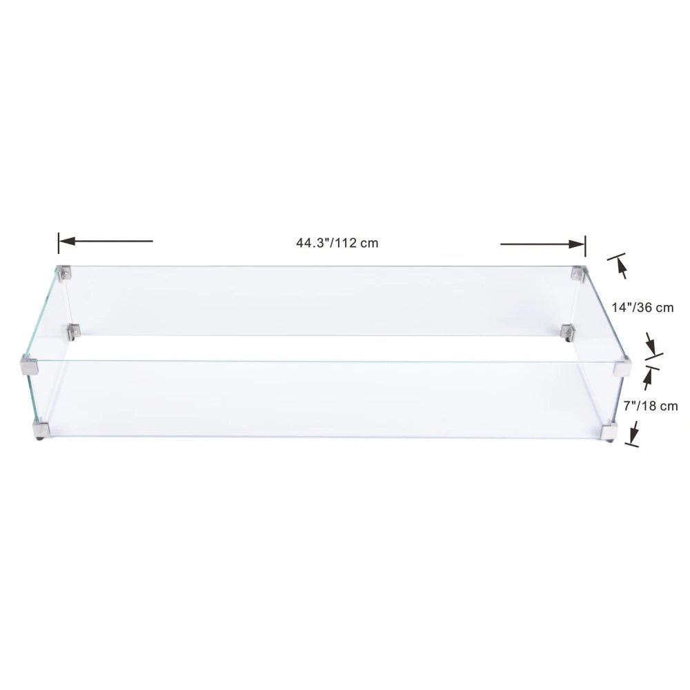 Clear glass coffee table with silver metal corners and feet featured in elementi tempered glass wind screens collection