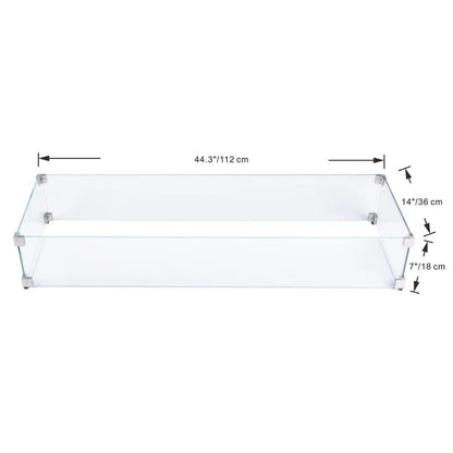 Clear glass coffee table with silver metal corners and feet featured in elementi tempered glass wind screens collection