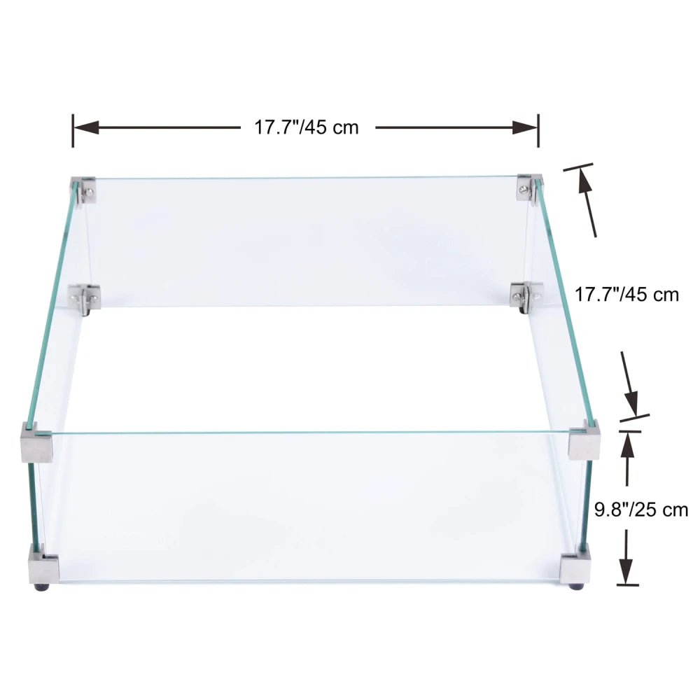 Elementi tempered glass fire pit enclosure with clear panels and silver metal corner brackets and feet