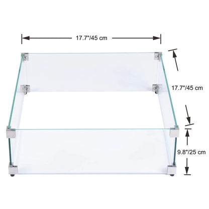 Elementi tempered glass fire pit enclosure with clear panels and silver metal corner brackets and feet