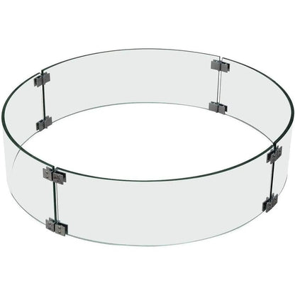 Clear glass fire pit screen with black metal hinges from elementi tempered glass wind screens collection