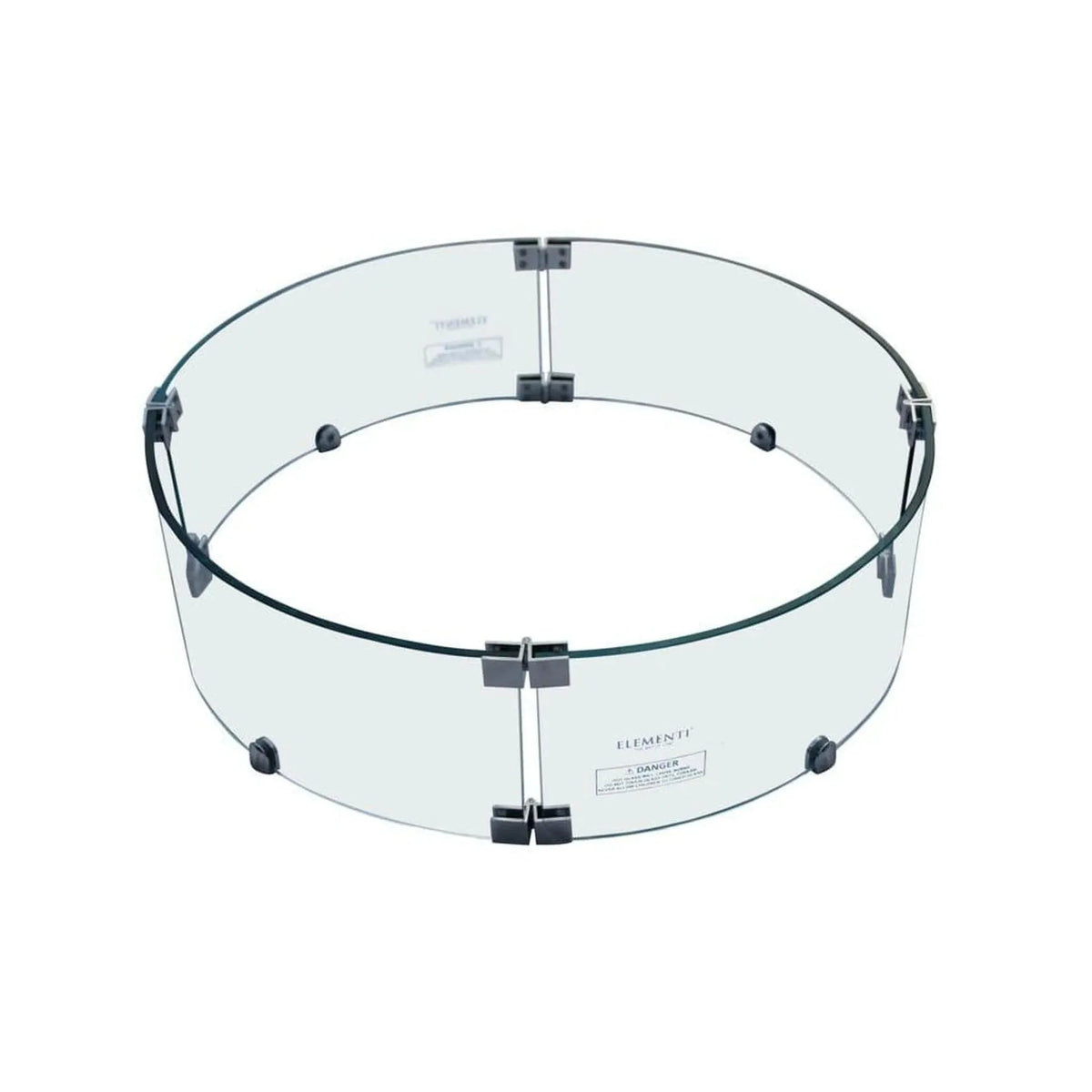 Clear glass fire pit safety barrier with black metal clamps and hinges from elementi tempered glass wind screens
