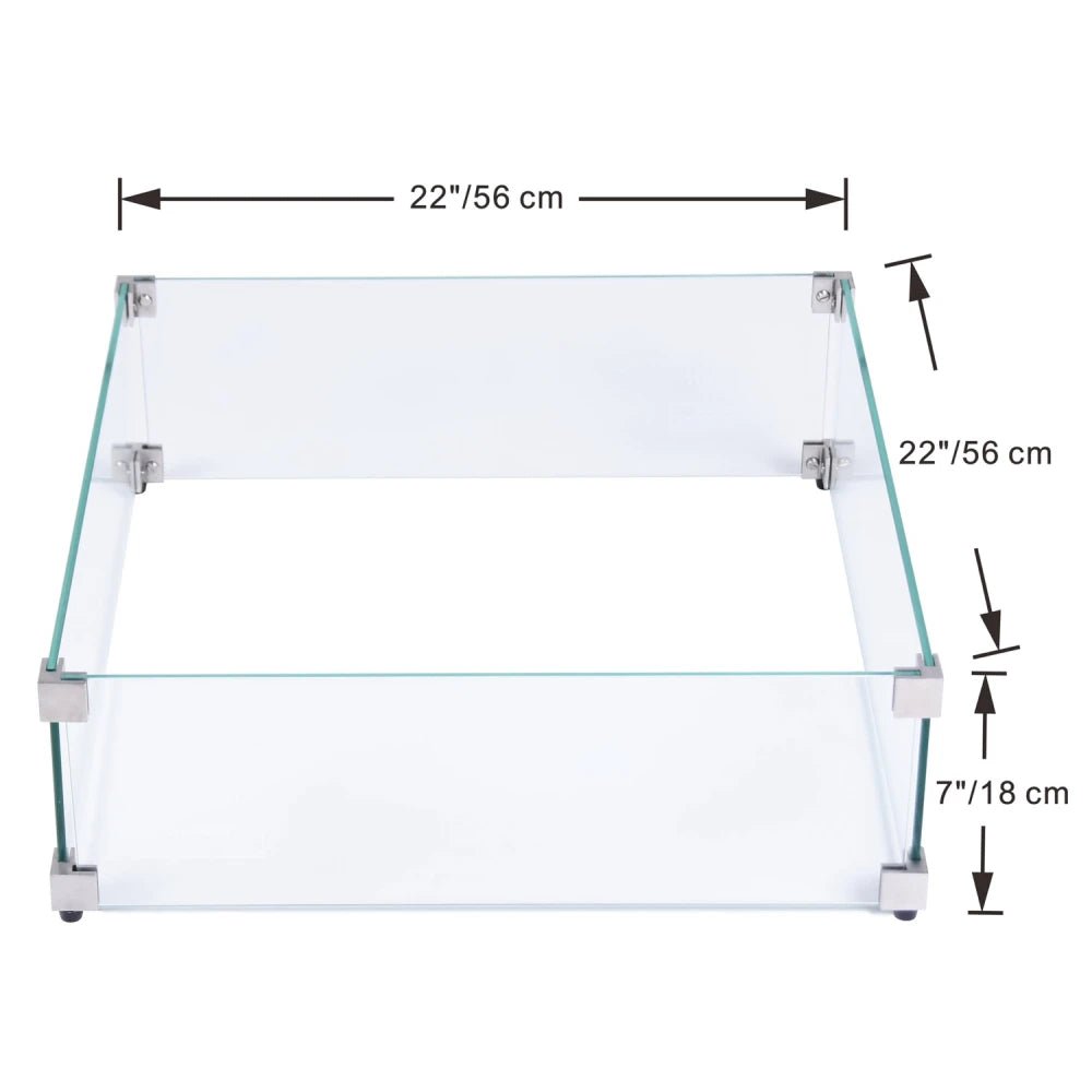 Elementi tempered glass wind screens rectangular clear glass fire pit with stainless steel brackets and black rubber feet