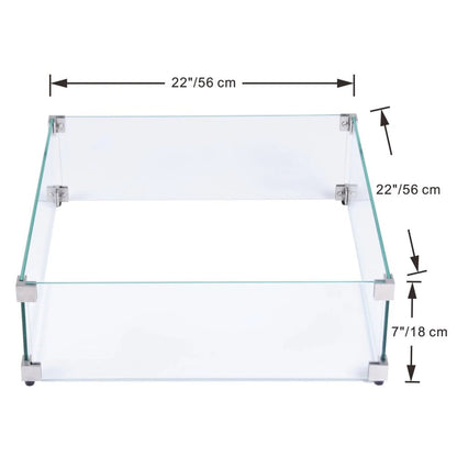 Elementi tempered glass wind screens rectangular clear glass fire pit with stainless steel brackets and black rubber feet