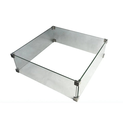 Clear glass fire pit enclosure with metallic corner brackets from elementi tempered glass wind screens collection