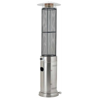 Emporio stainless steel flame heater with black mesh cylindrical body and white domed top for patio heating