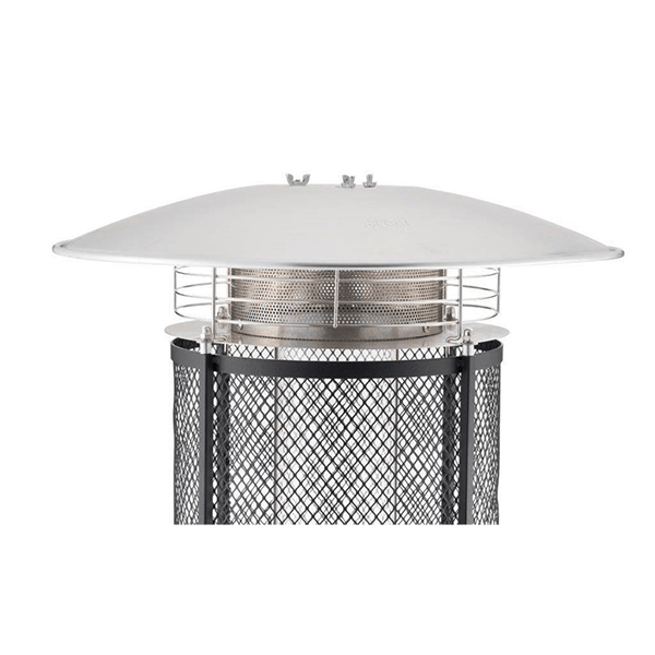 Emporio stainless steel flame heater with silver dome, black mesh cage, and stainless steel interior components