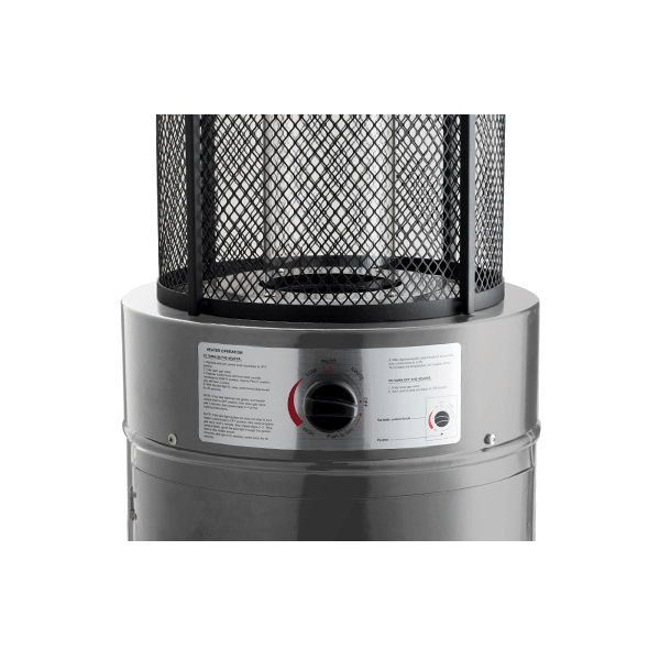 Emporio stainless steel flame heater silver cylindrical outdoor patio heater with black mesh safety cage and control panel