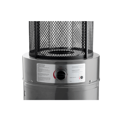 Emporio stainless steel flame heater silver cylindrical outdoor patio heater with black mesh safety cage and control panel