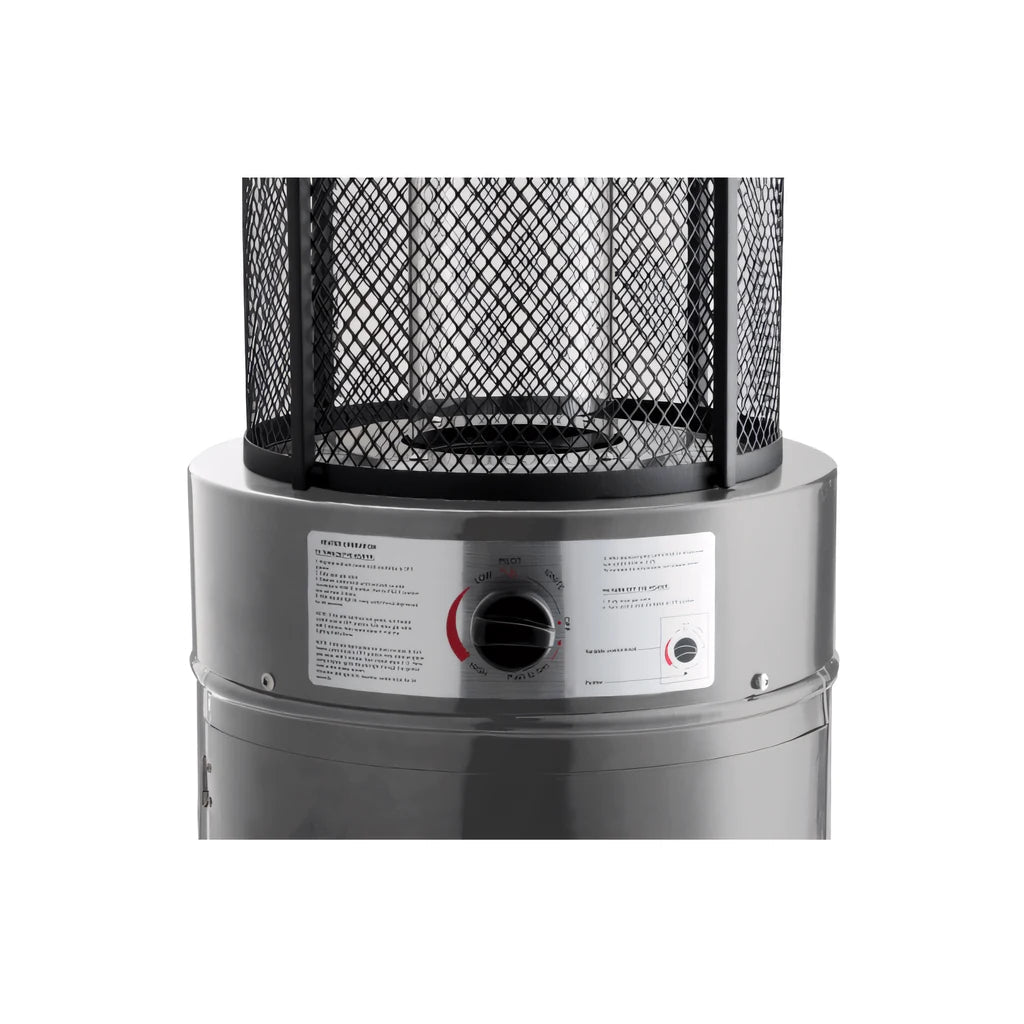 Emporio stainless steel flame heater silver cylindrical outdoor patio heater with black mesh safety cage and control panel