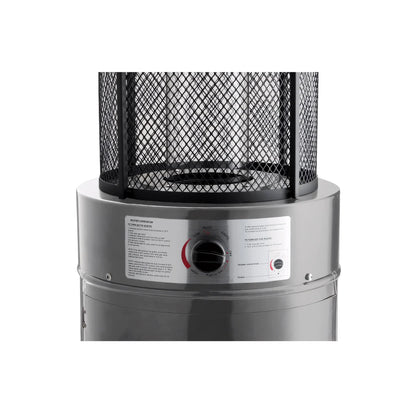 Emporio stainless steel flame heater silver cylindrical outdoor patio heater with black mesh safety cage and control panel