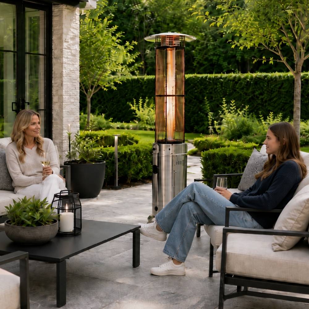 Emporio stainless steel flame heater with copper-colored glass enclosure and black horizontal bands for patios