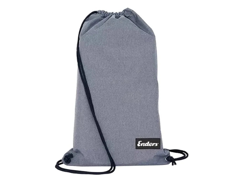 Gray heathered drawstring carry bag with black cord and enders label for the aurora portable bbq en1389