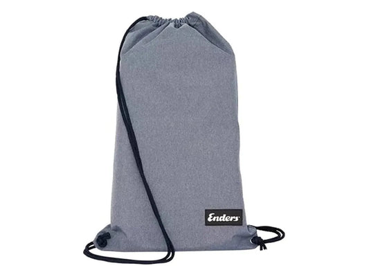 Gray heathered drawstring carry bag with black cord and enders label for the aurora portable bbq en1389