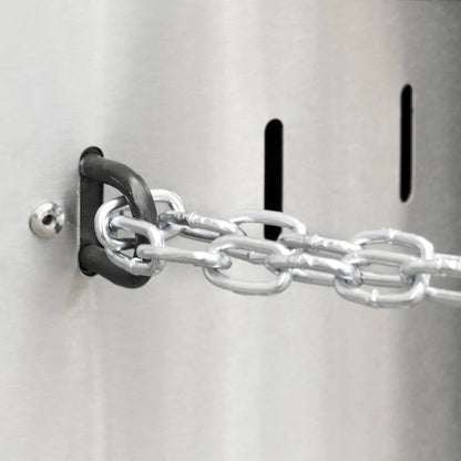 Silver metal chain with black rubber-coated d-ring attached to metallic surface on enders commercial patio heater lfs840