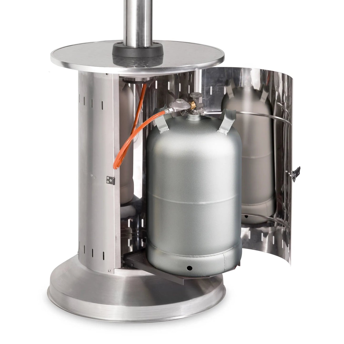 Stainless steel Enders commercial patio heater back view with cylindrical body and two gas tanks connected by orange hoses