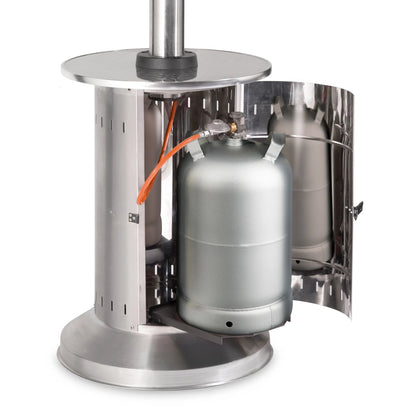 Stainless steel Enders commercial patio heater back view with cylindrical body and two gas tanks connected by orange hoses