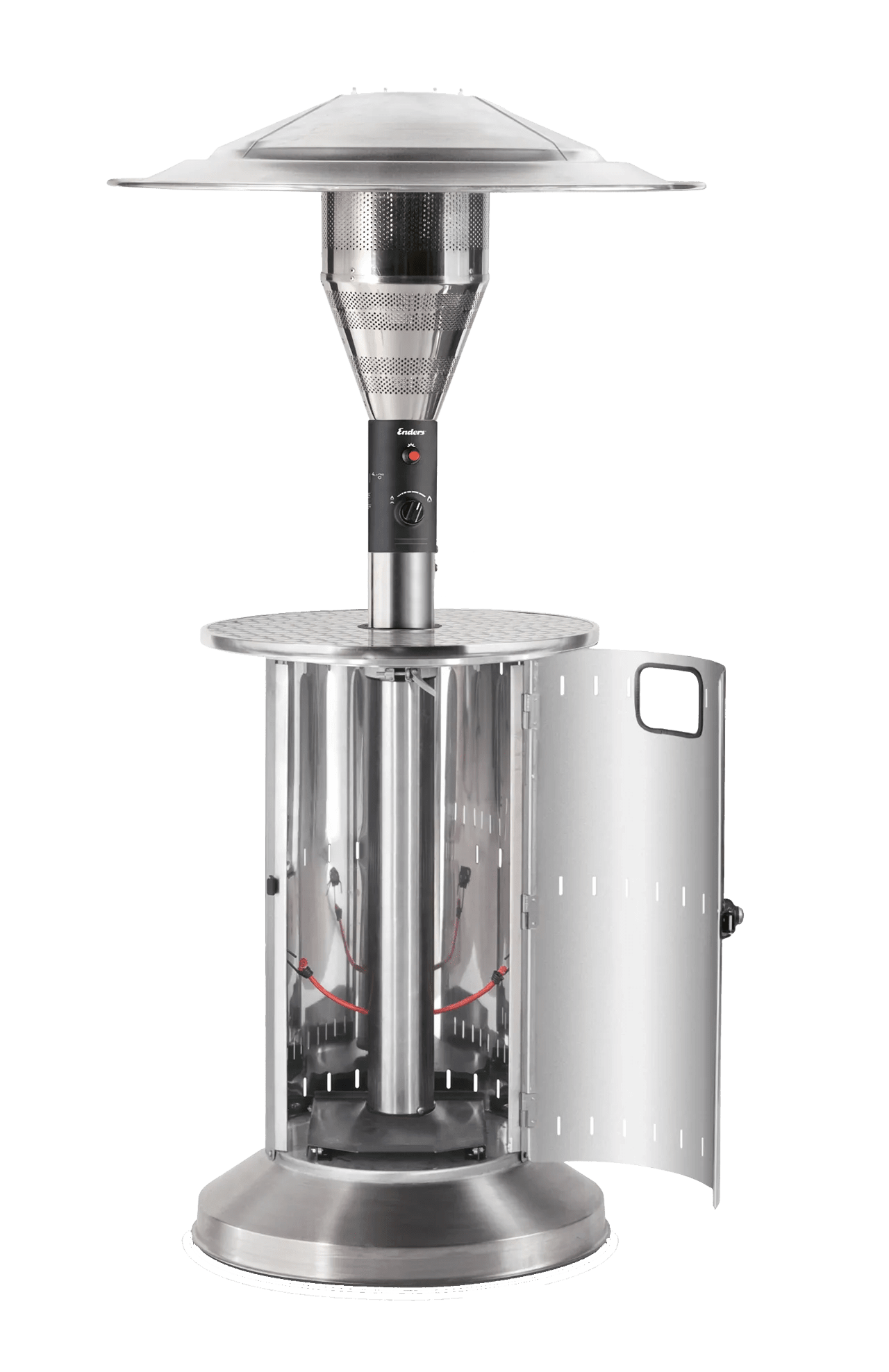 Stainless steel Enders commercial patio heater lfs840 with conical burner and open side panel showing internal components