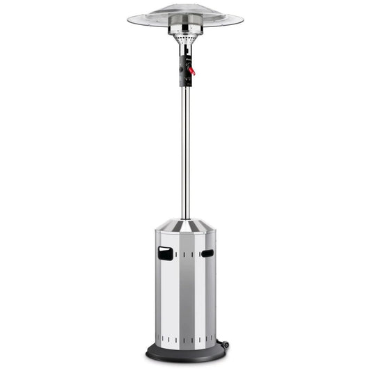 Stainless steel Enders Elegance ECO patio heater with sleek cylindrical base and tall pole supporting reflective dome burner