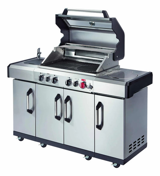 Stainless steel and black enders kansas II pro 4 outdoor gas grill with four storage cabinets built-in sink and electric burner
