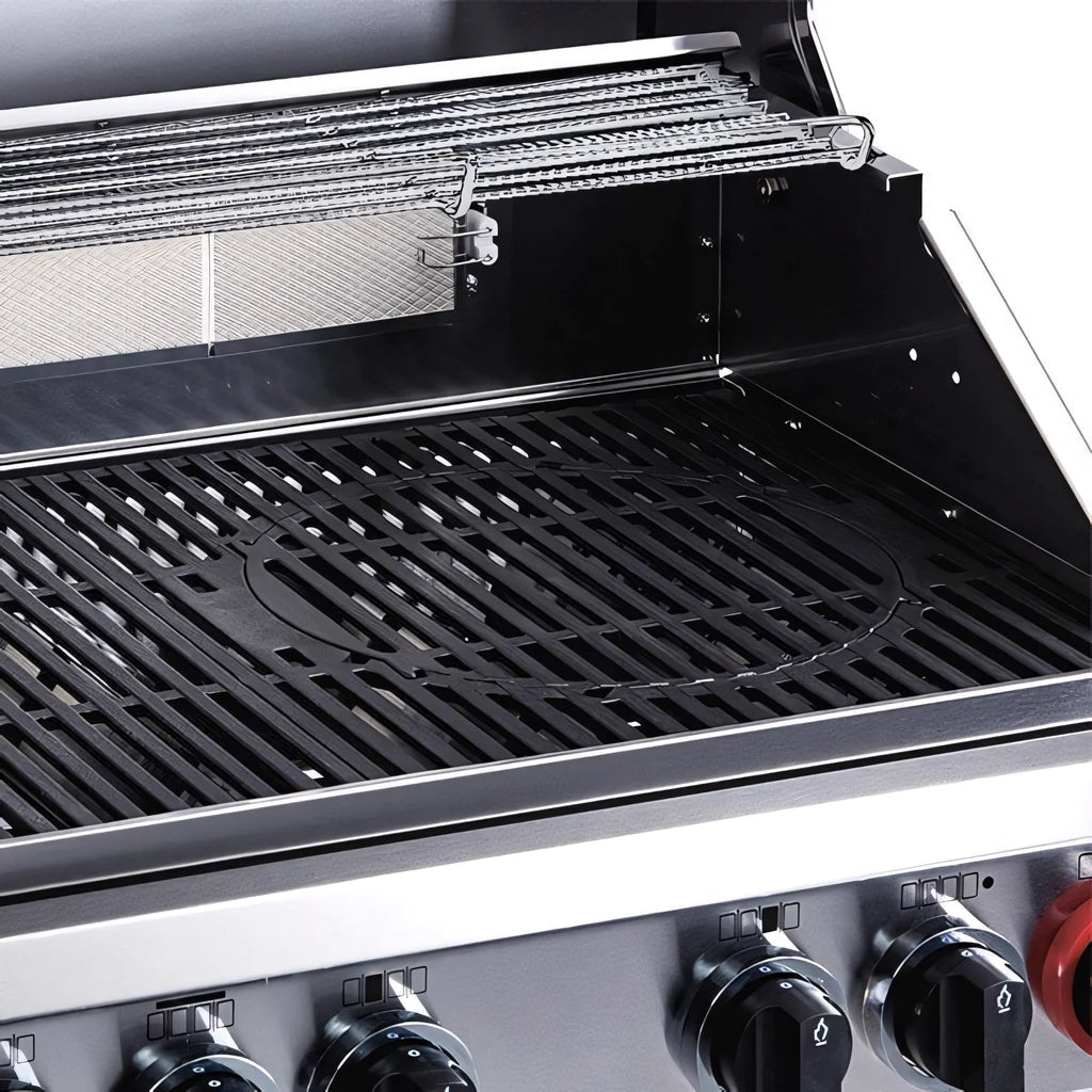 Black grilling grate with circular burner hole and parallel slats in stainless steel frame for enders kansas pro 3 sik turbo gas barbecue