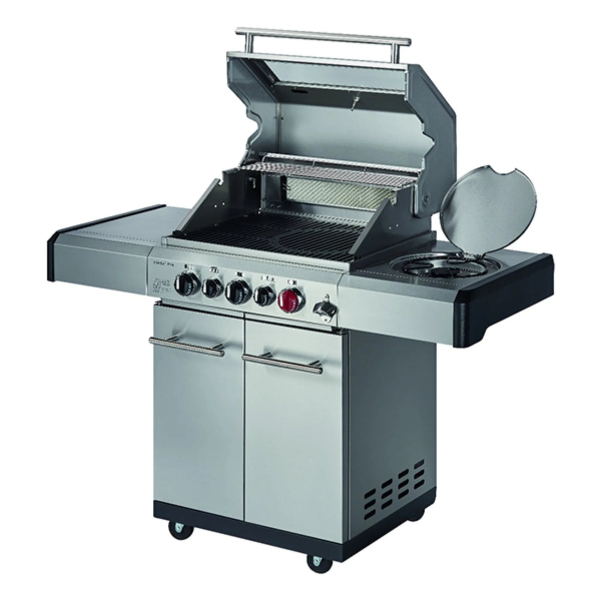 Enders Kansas Pro 3 Sik Turbo stainless steel gas grill with black countertop, side burner, control knobs, and storage cabinets