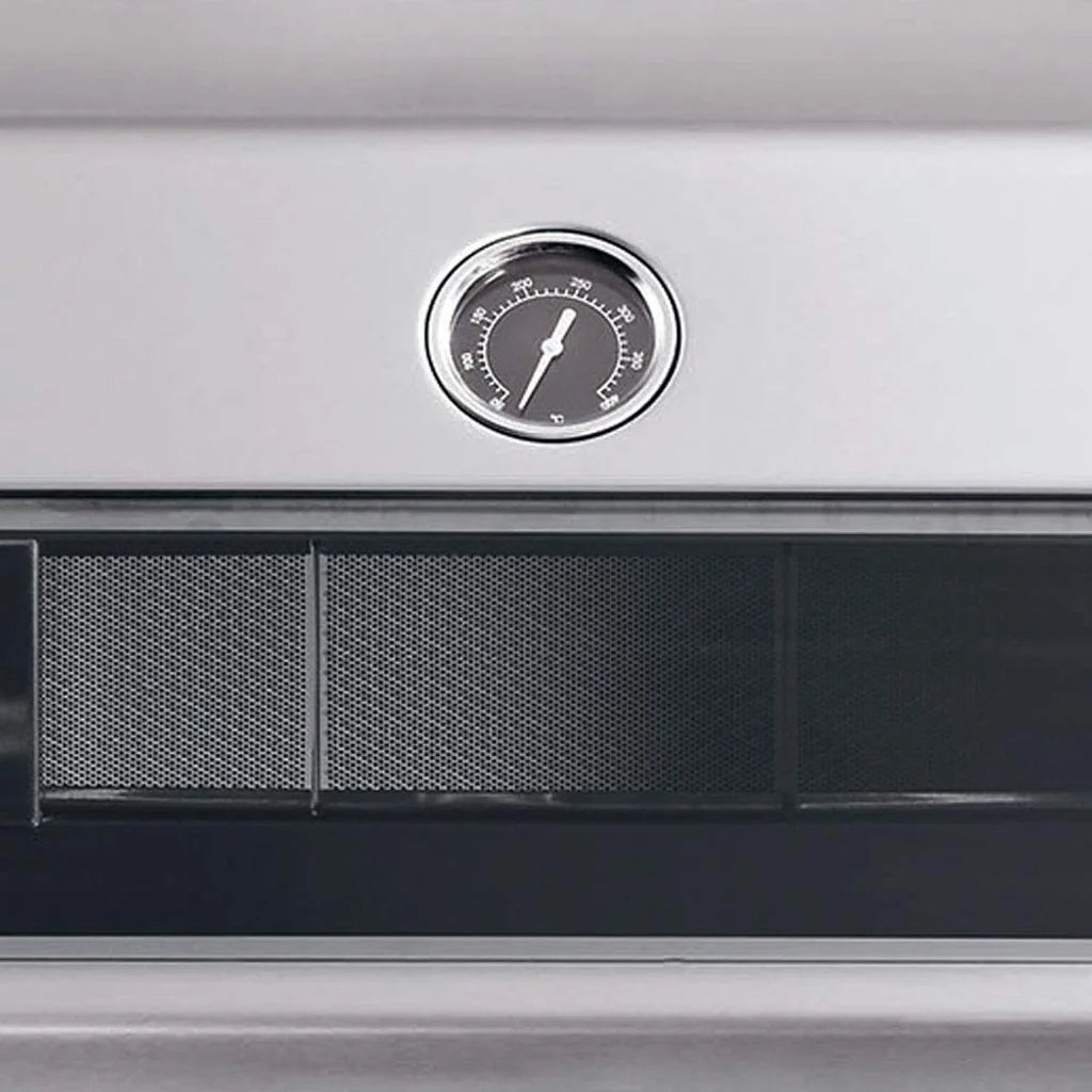Circular temperature gauge with black face and silver rim mounted on stainless steel exterior of enders kansas pro 3 sik turbo gas barbecue