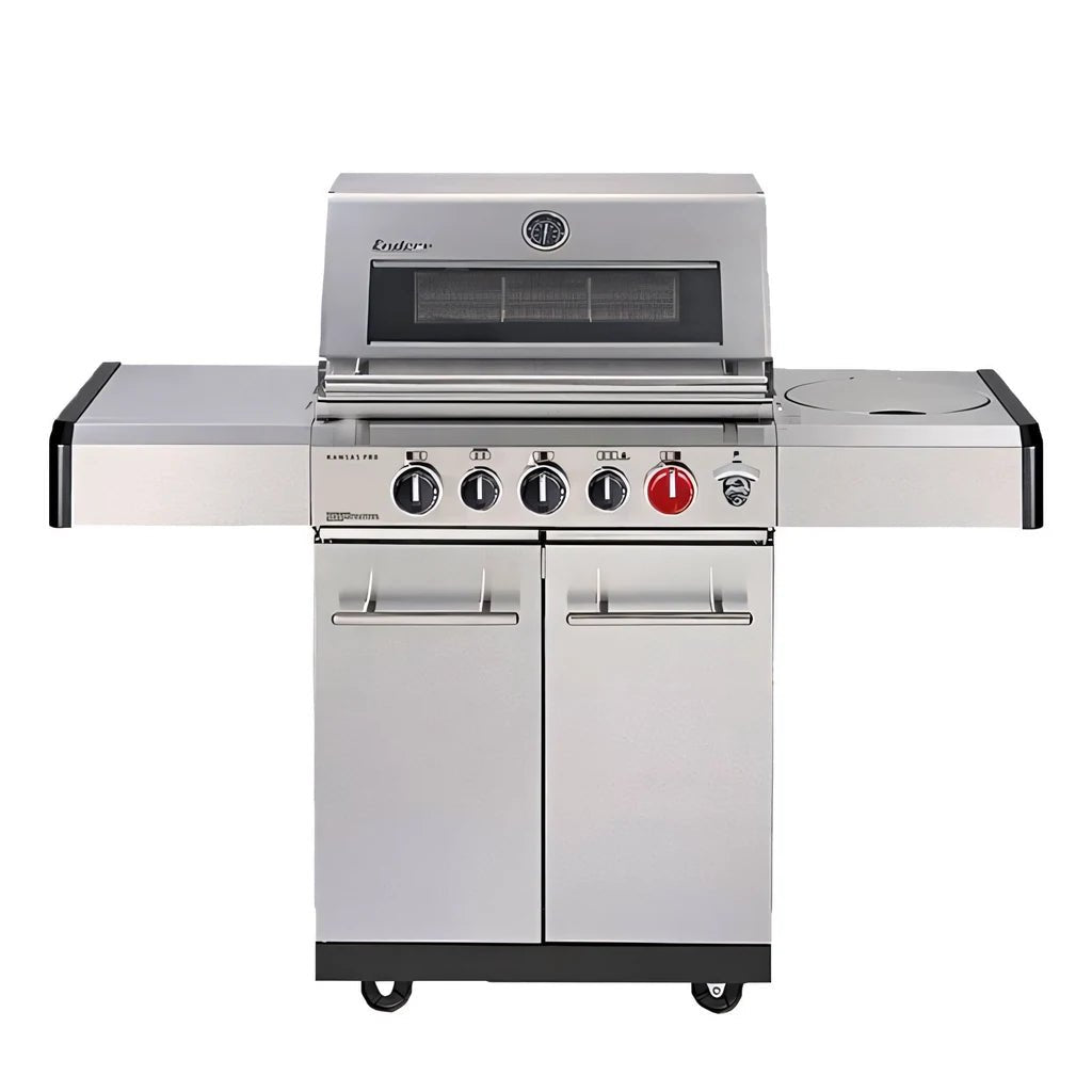 Enders Kansas Pro 3 Sik Turbo stainless steel gas grill with black and silver finish and four control knobs including one red knob