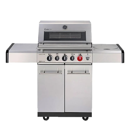 Enders Kansas Pro 3 Sik Turbo stainless steel gas grill with black and silver finish and four control knobs including one red knob